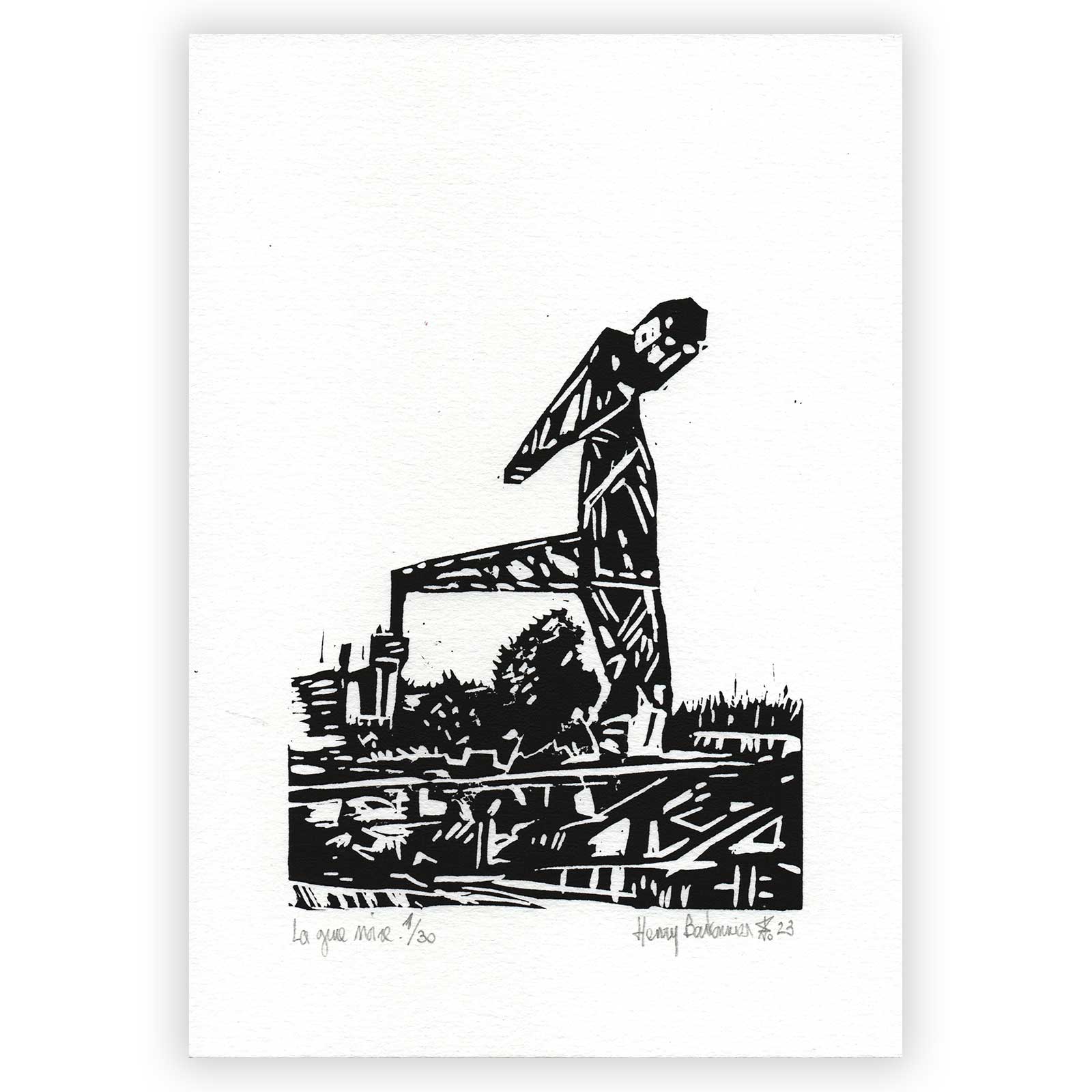 Découvrez "La Grue Noire" par Henry Bartonnier, une linogravure inspirée de cet emblème de Nantes. Œuvre sur papier A5.