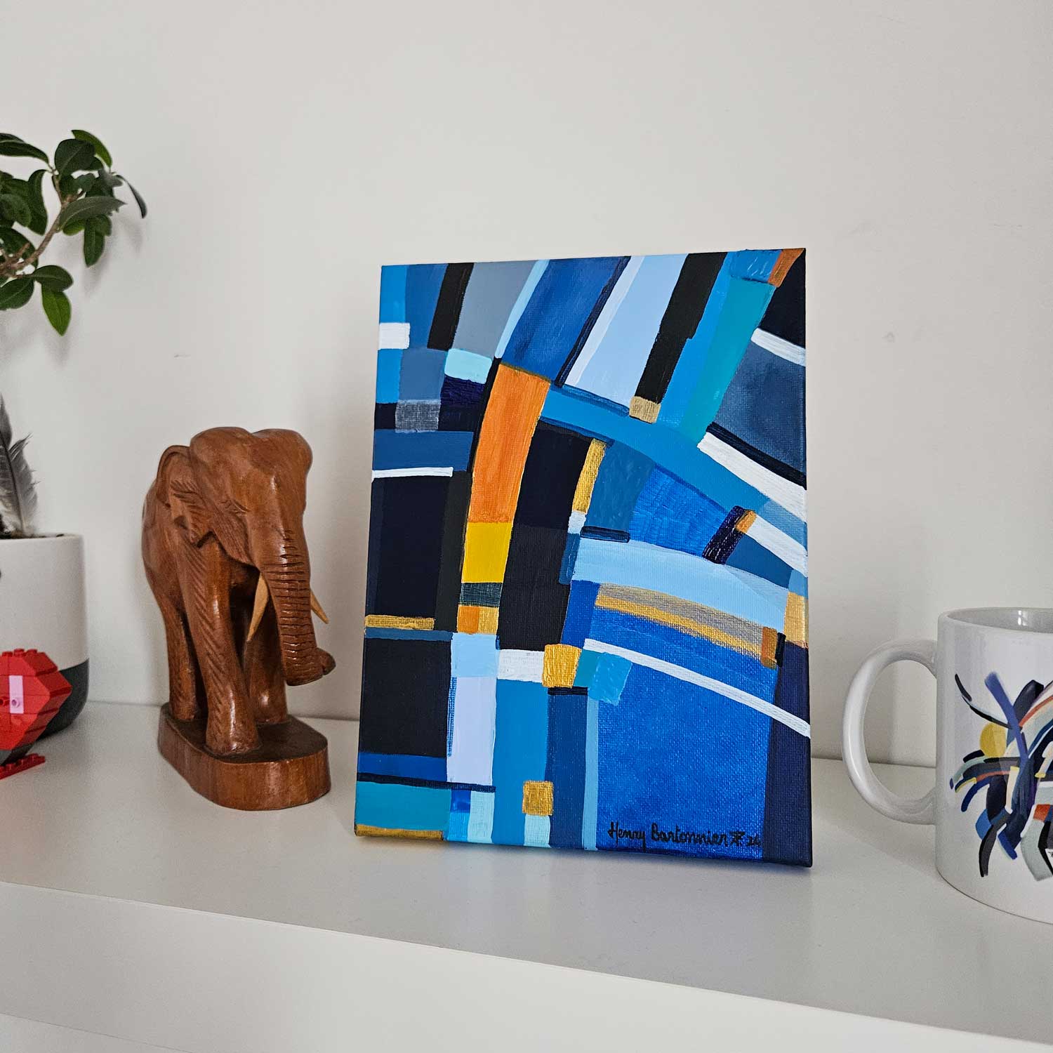 Peinture abstraite colorée “je t’aime plus” - bleu et or - toile 15x20cm - art original et unique.