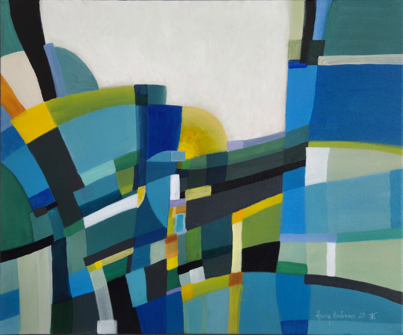 Peinture acrylique abstraite verte et blanche Greenman par Henry Bartonnier